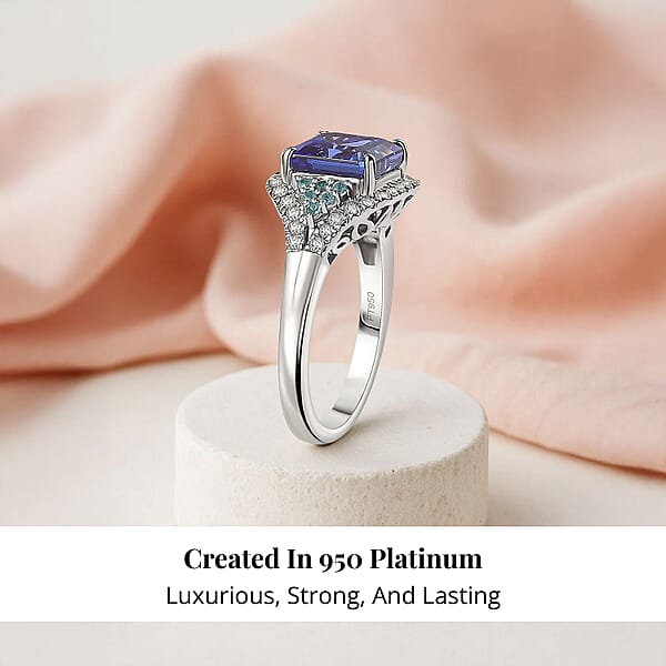 Certified & Appraised Rhapsody 950 Platinum Asscher Cut AAAA Tanzanite Paraiba Tourmaline Diamond (E-F VS) (0.34 Cts) Ring (6.45 G) 3.37 Ctw