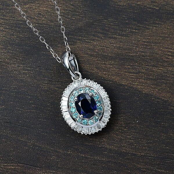Certified & Appraised Rhapsody AAA Ceylon Blue Sapphire Paraiba Tourmaline And Diamond E-F VS2 1.50 Ctw Pendant Necklace In 950 Platinum 20 Inches