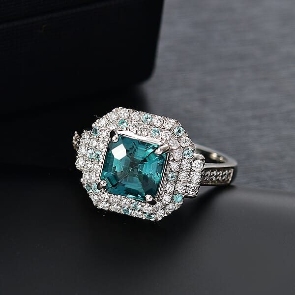 Certified & Appraised Rhapsody AAAA Asscher Cut Pirineu Lagoon Tourmaline Paraiba Tourmaline And E-F VS2 Diamond 3.50 Ctw Ring In 950 Platinum 8.10 Grams