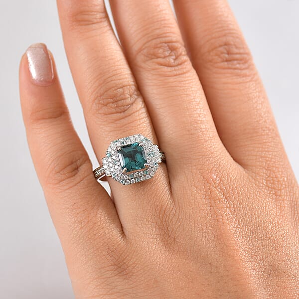 Certified & Appraised Rhapsody AAAA Asscher Cut Pirineu Lagoon Tourmaline Paraiba Tourmaline And E-F VS2 Diamond 3.50 Ctw Ring In 950 Platinum 8.10 Grams