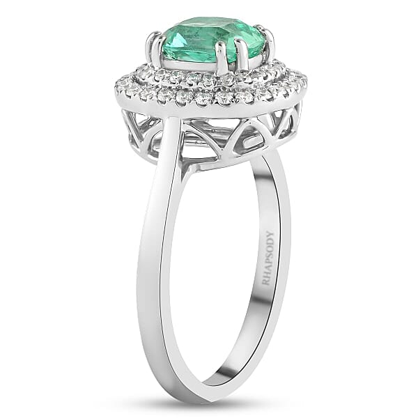 Certified & Appraised Rhapsody AAAA Boyaca Colombian Emerald And E-F VS Diamond 1.40 Ctw Double Halo Ring In 950 Platinum 6.90 Grams