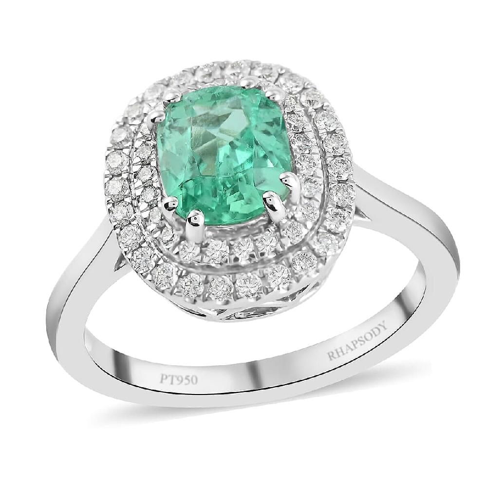 Certified & Appraised Rhapsody AAAA Boyaca Colombian Emerald and E-F VS Diamond 1.40 ctw Double Halo Ring in 950 Platinum 6.90 Grams