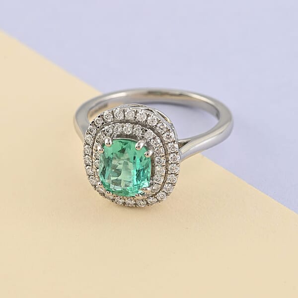 Certified & Appraised Rhapsody AAAA Boyaca Colombian Emerald And E-F VS Diamond 1.40 Ctw Double Halo Ring In 950 Platinum 6.90 Grams