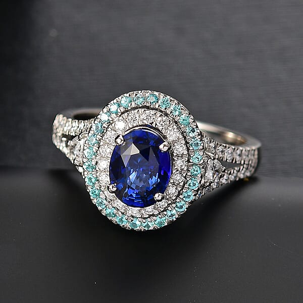 Certified & Appraised Rhapsody AAAA Ceylon Blue Sapphire Paraiba Tourmaline And E-F VS Diamond 3.00 Ctw Ring In 950 Platinum 9 Grams