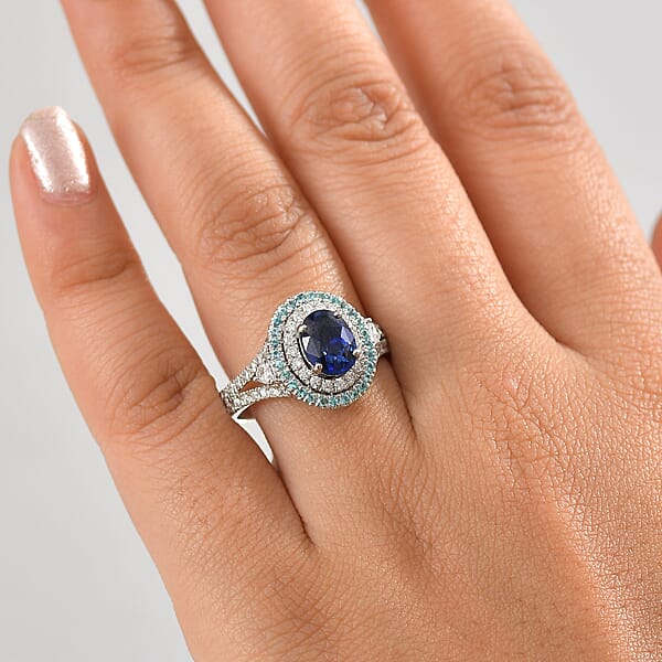 Certified & Appraised Rhapsody AAAA Ceylon Blue Sapphire Paraiba Tourmaline And E-F VS Diamond 3.00 Ctw Ring In 950 Platinum 9 Grams