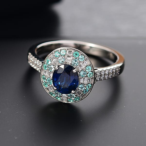 Certified & Appraised Rhapsody AAAA Ceylon Blue Sapphire Paraiba Tourmaline And E-F VS Diamond 2.00 Ctw Ring In 950 Platinum 6.50 Grams