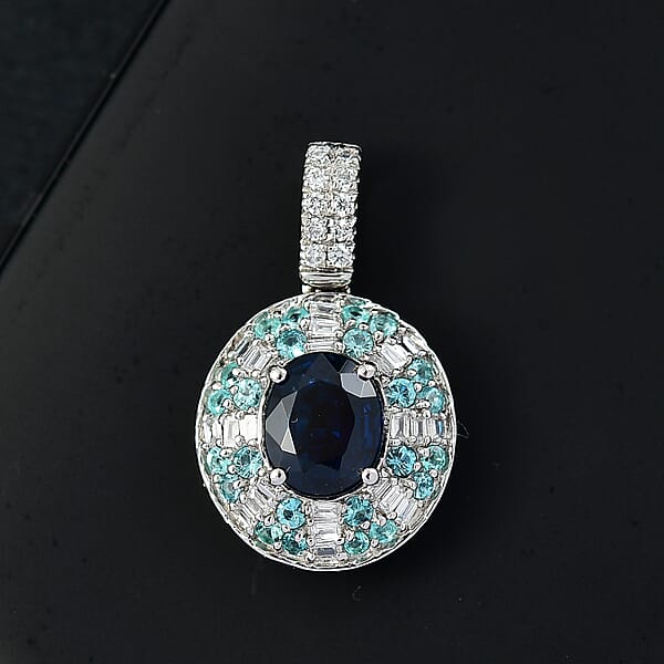 Certified & Appraised Rhapsody AAAA Ceylon Blue Sapphire AAAA Paraiba Tourmaline And E-F VS Diamond 1.91 Ctw Pendant Necklace In 950 Platinum 20 Inches 5.50 Grams