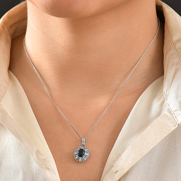 Certified & Appraised Rhapsody AAAA Ceylon Blue Sapphire AAAA Paraiba Tourmaline And E-F VS Diamond 1.91 Ctw Pendant Necklace In 950 Platinum 20 Inches 5.50 Grams