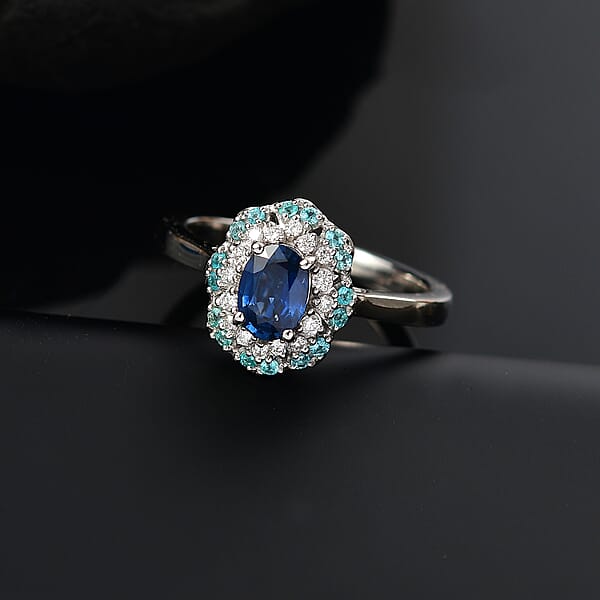 Certified & Appraised Rhapsody AAAA Ceylon Blue Sapphire Paraiba Tourmaline And E-F VS Diamond 1.50 Ctw Ring In 950 Platinum 8 Grams (Del. In 10-12 Days)