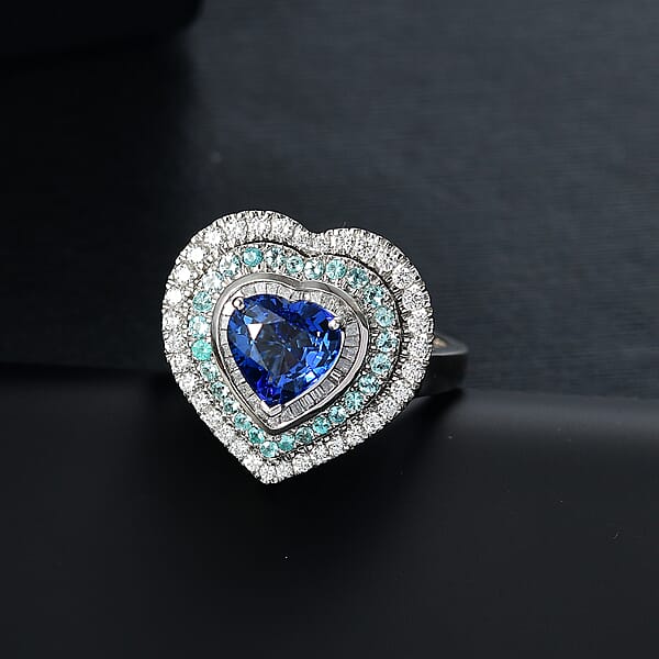 Certified & Appraised Rhapsody AAAA Ceylon Blue Sapphire Paraiba Tourmaline And Diamond E-F VS 3.00 Ctw Heart Ring In 950 Platinum 9.95 Grams