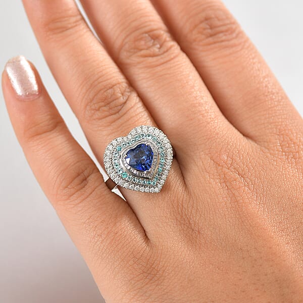 Certified & Appraised Rhapsody AAAA Ceylon Blue Sapphire Paraiba Tourmaline And Diamond E-F VS 3.00 Ctw Heart Ring In 950 Platinum 9.95 Grams