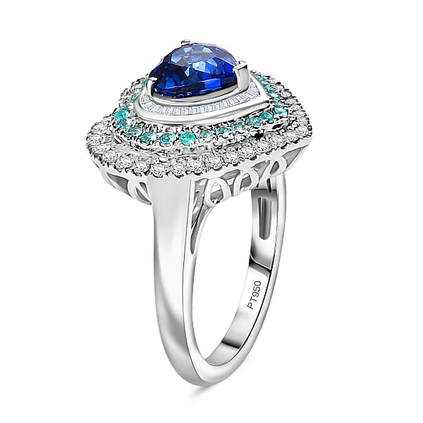 Certified & Appraised Rhapsody AAAA Ceylon Blue Sapphire Paraiba Tourmaline And Diamond E-F VS 3.00 Ctw Heart Ring In 950 Platinum 9.95 Grams