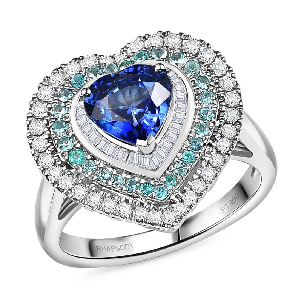 Certified & Appraised Rhapsody AAAA Ceylon Blue Sapphire Paraiba Tourmaline and Diamond E-F VS 3.00 ctw Heart Ring in 950 Platinum 9.95 Grams