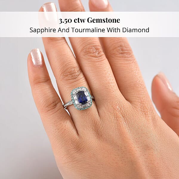 Certified & Appraised Rhapsody AAAA Ceylon Blue Sapphire Paraiba Tourmaline And E-F VS Diamond 3.50 Ctw Ring In 950 Platinum 6.80 Grams