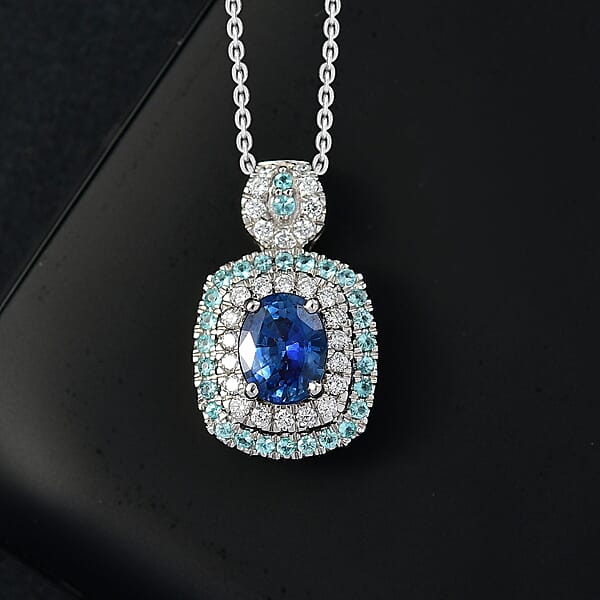 Certified & Appraised Rhapsody AAAA Ceylon Blue Sapphire Paraiba Tourmaline And Diamond E-F VS 2.15 Ctw Pendant Necklace In 950 Platinum 20 Inches 8.50 Grams