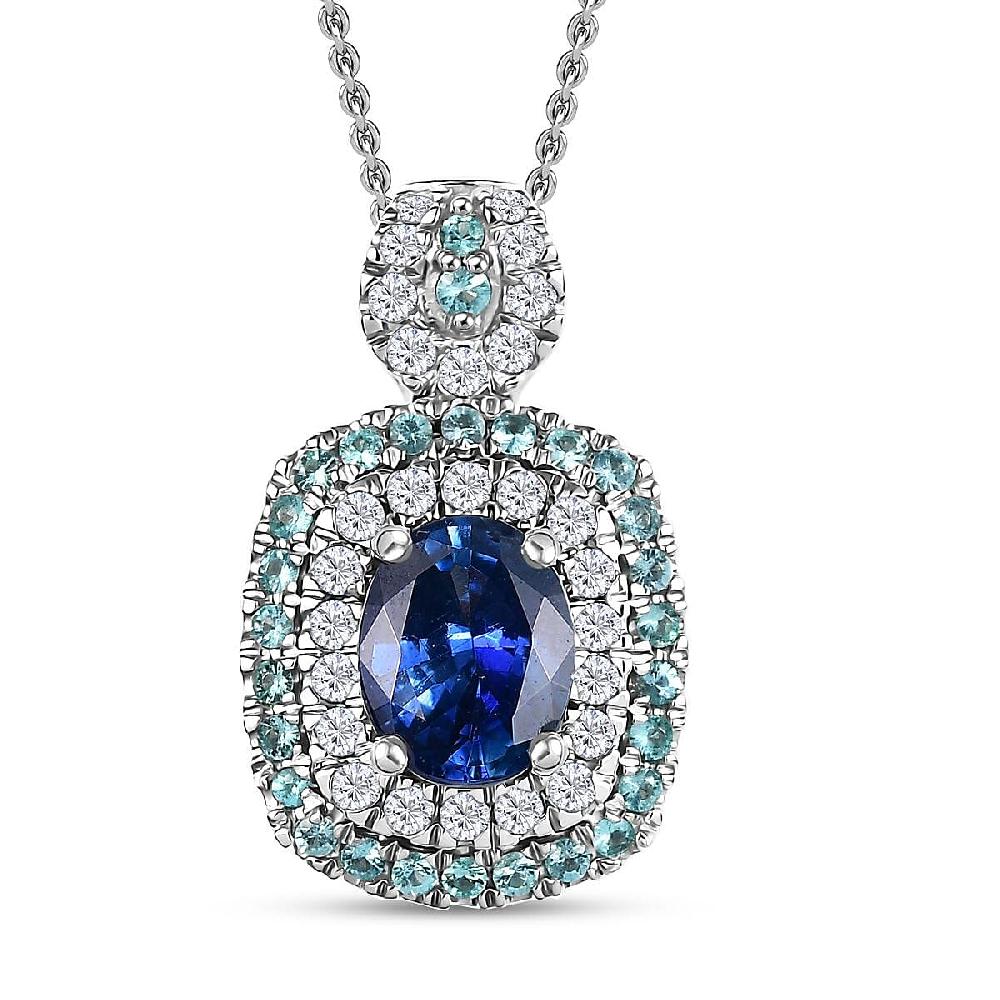 Certified & Appraised Rhapsody AAAA Ceylon Blue Sapphire Paraiba Tourmaline and Diamond E-F VS 2.15 ctw Pendant Necklace in 950 Platinum 20 Inches 8.50 Grams