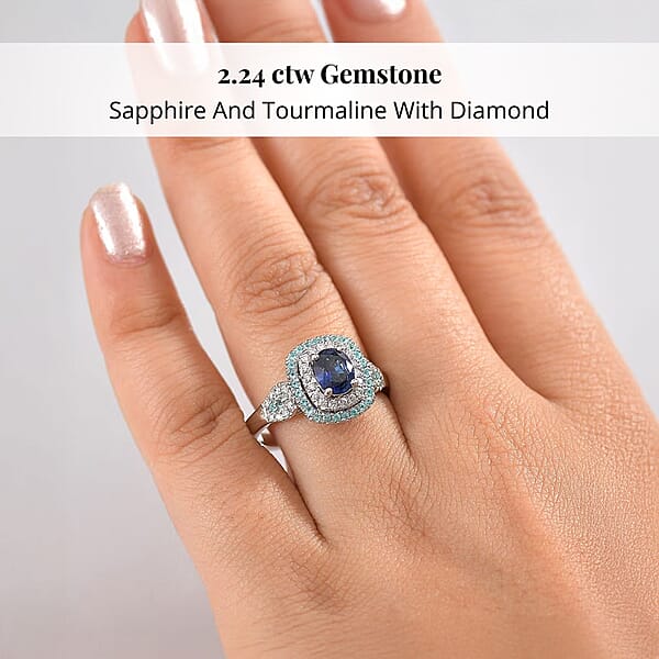 Certified & Appraised Rhapsody AAAA Ceylon Blue Sapphire Paraiba Tourmaline And E-F VS Diamond 2.24 Ctw Ring In 950 Platinum 8.50 Grams