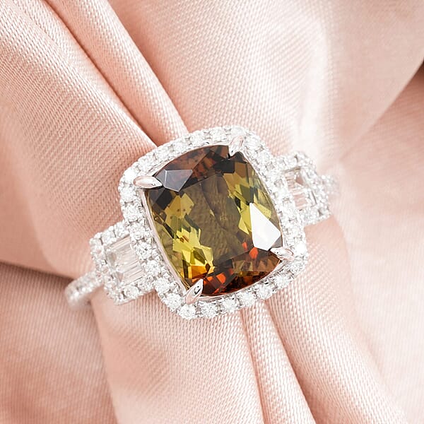 Certified & Appraised Rhapsody AAAA Jenipapo Andalusite And E-F VS Diamond 4.06 Ctw Ring In 950 Platinum 6.07 Grams