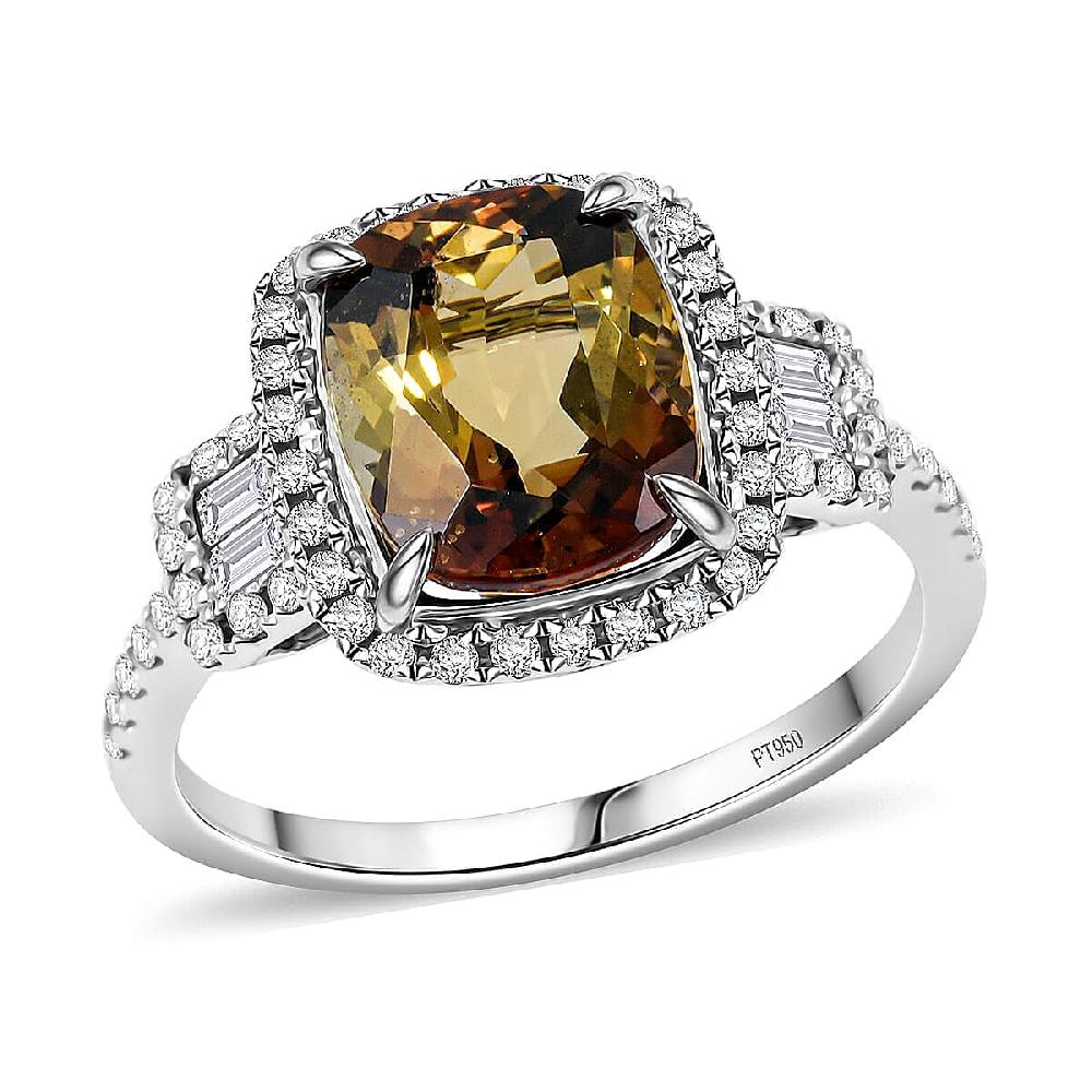 Certified & Appraised Rhapsody AAAA Jenipapo Andalusite and E-F VS Diamond 4.06 ctw Ring in 950 Platinum 6.07 Grams