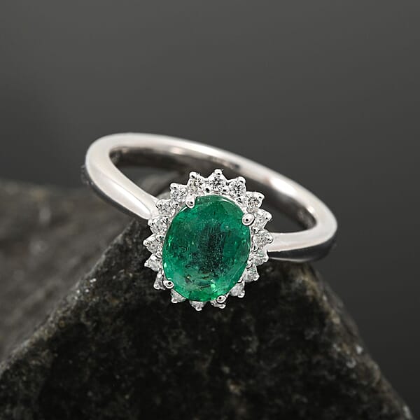 Certified & Appraised Rhapsody AAAA Kagem Zambian Emerald And E-F VS Diamond 1.30 Ctw Ring In 950 Platinum 6.30 Grams