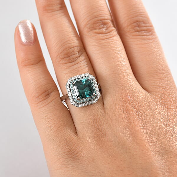Certified & Appraised Rhapsody AAAA Lagoon Tourmaline Paraiba Tourmaline And E-F VS2 Diamond 6.15 Ctw Ring In 950 Platinum 9.40 Grams