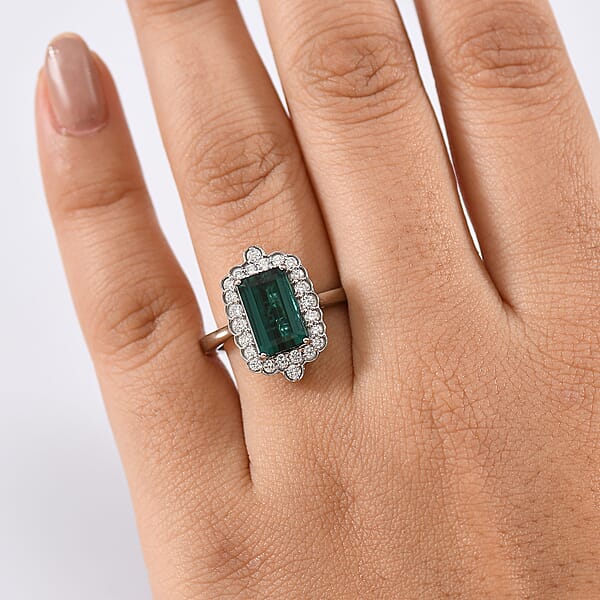 Certified & Appraised Rhapsody AAAA Monte Belo Indicolite And E-F VS Diamond 3.98 Ctw Ring In 950 Platinum 7.24 Grams