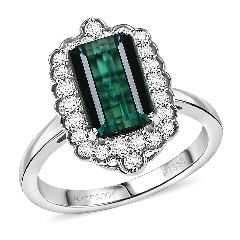 Certified & Appraised Rhapsody AAAA Monte Belo Indicolite and E-F VS Diamond 3.98 ctw Ring in 950 Platinum 7.24 Grams