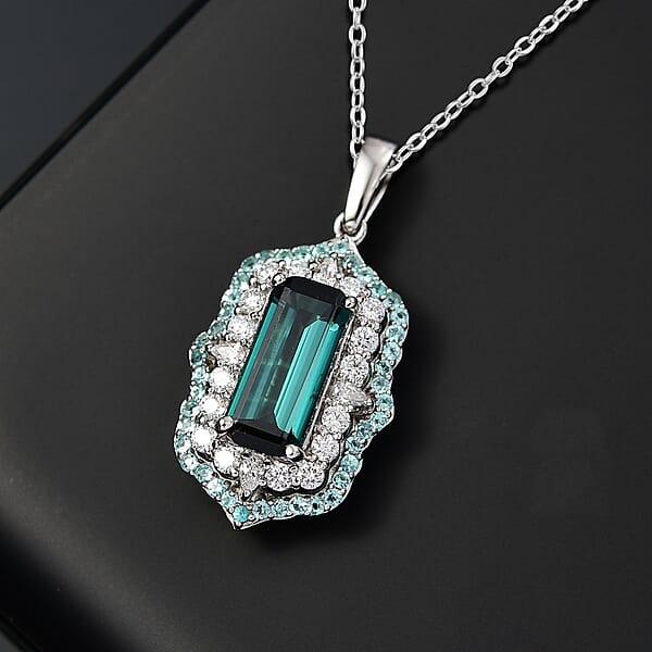 Certified & Appraised Rhapsody AAAA Monte Belo Indicolite Paraiba Tourmaline And Diamond E-F VS2 3.50 Ctw Pendant Necklace In 950 Platinum 20 Inches 7.00 Grams