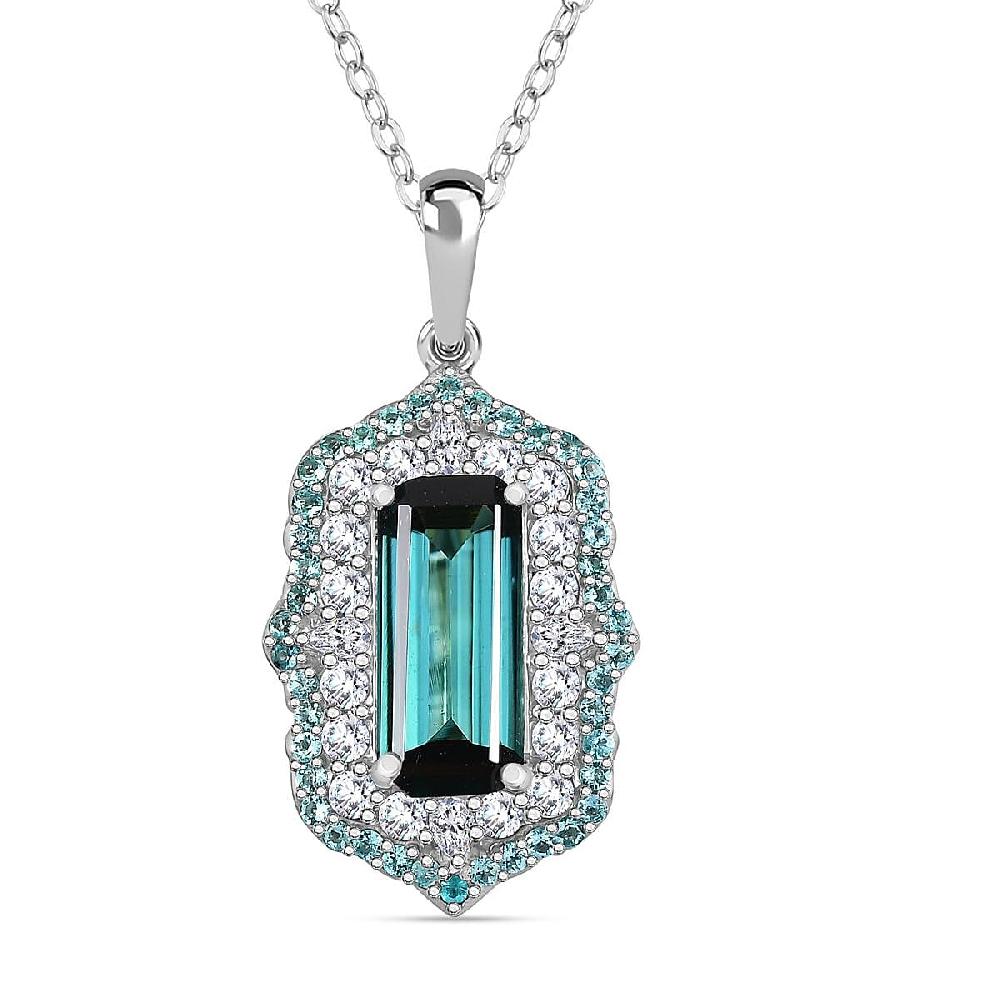 Certified & Appraised Rhapsody AAAA Monte Belo Indicolite Paraiba Tourmaline and Diamond E-F VS2 3.50 ctw Pendant Necklace in 950 Platinum 20 inches 7.00 Grams