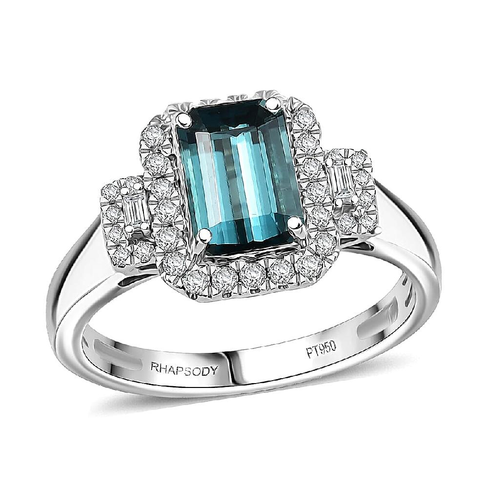 Certified & Appraised Rhapsody AAAA Monte Belo Indicolite and E-F VS Diamond 2.02 ctw Ring in 950 Platinum 6.05 Grams