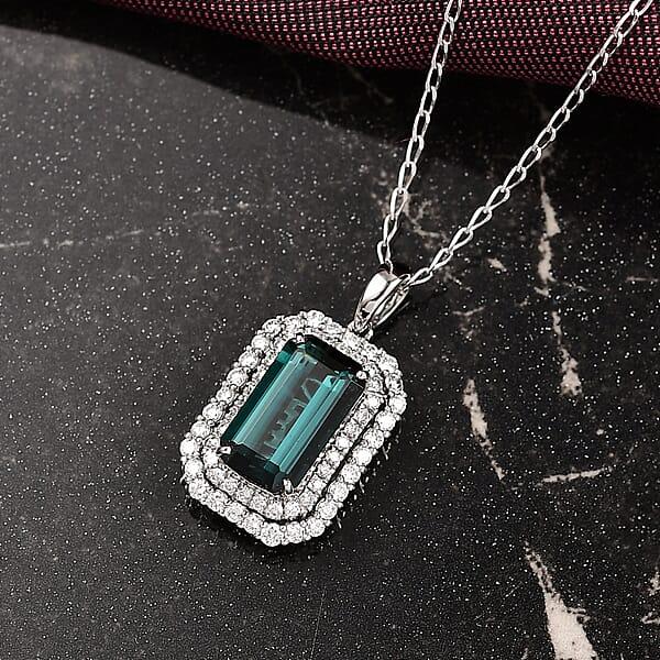 Certified & Appraised Rhapsody AAAA Monte Belo Indicolite And E-F VS Diamond 3.31 Ctw Pendant Necklace In 950 Platinum 20 Inches