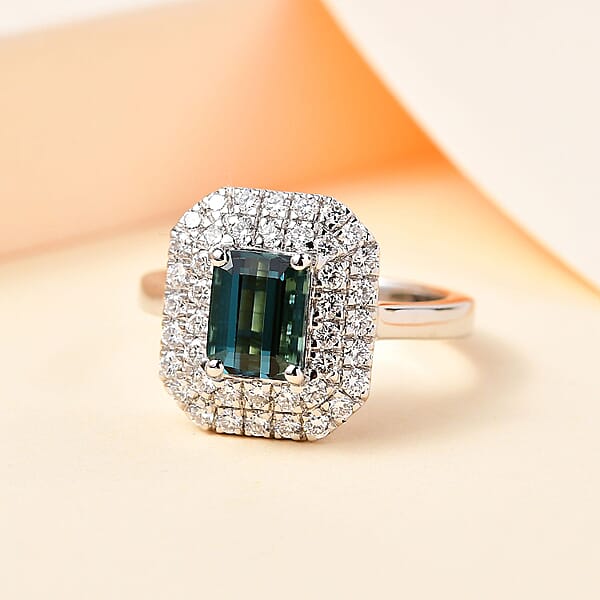 Certified & Appraised Rhapsody AAAA Monte Belo Indicolite And E-F VS Diamond 2.05 Ctw Double Halo Ring In 950 Platinum 7.85 Grams
