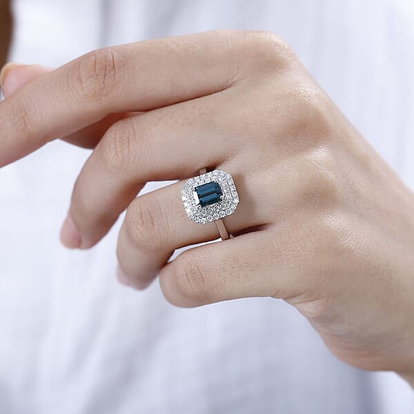 Certified & Appraised Rhapsody AAAA Monte Belo Indicolite And E-F VS Diamond 2.05 Ctw Double Halo Ring In 950 Platinum 7.85 Grams