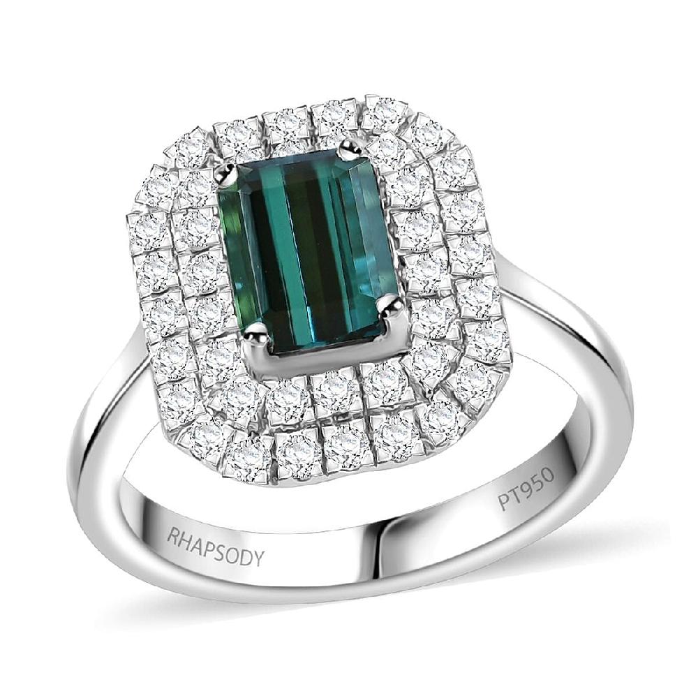 Certified & Appraised Rhapsody AAAA Monte Belo Indicolite and E-F VS Diamond 2.05 ctw Double Halo Ring in 950 Platinum 7.85 Grams
