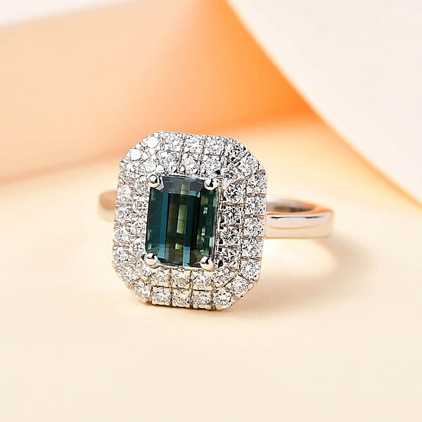 Certified & Appraised Rhapsody AAAA Monte Belo Indicolite And E-F VS Diamond 2.05 Ctw Double Halo Ring In 950 Platinum 7.85 Grams