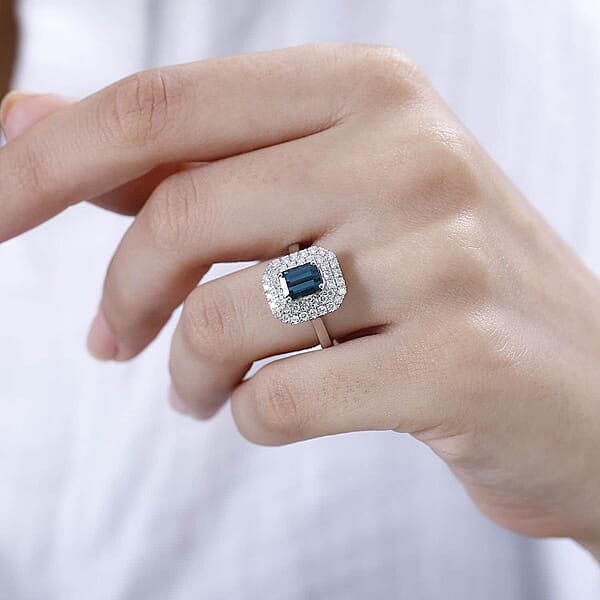 Certified & Appraised Rhapsody AAAA Monte Belo Indicolite And E-F VS Diamond 2.05 Ctw Double Halo Ring In 950 Platinum 7.85 Grams