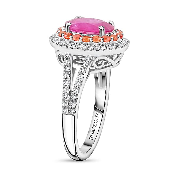Certified & Appraised Rhapsody AAAA Mozambique Ruby Padparadscha Sapphire And E-F VS Diamond 2.40 Ctw Ring In 950 Platinum 8 Grams