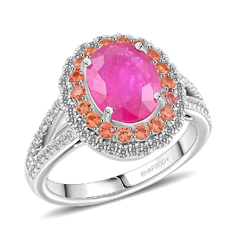 Certified & Appraised Rhapsody AAAA Mozambique Ruby Padparadscha Sapphire and E-F VS Diamond 2.40 ctw Ring in 950 Platinum 8 Grams