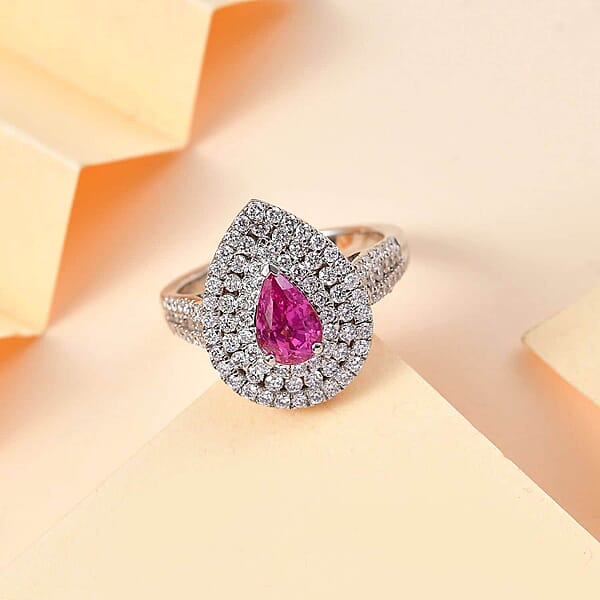 Certified & Appraised Rhapsody AAAA Padparadscha Sapphire And E-F VS2 Diamond 2.50 Ctw Double Halo Ring In 950 Platinum 7 Grams