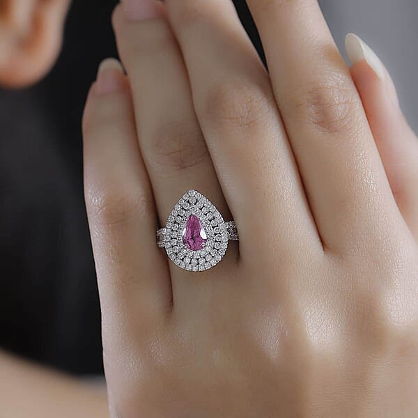Certified & Appraised Rhapsody AAAA Padparadscha Sapphire And E-F VS2 Diamond 2.50 Ctw Double Halo Ring In 950 Platinum 7 Grams