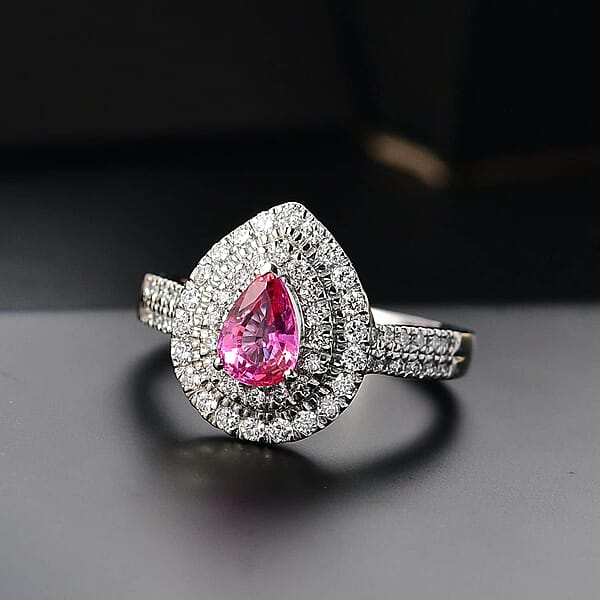 Certified & Appraised Rhapsody AAAA Padparadscha Sapphire And E-F VS2 Diamond 1.50 Ctw Double Halo Ring In 950 Platinum 7.11 Grams