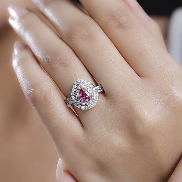 Certified & Appraised Rhapsody AAAA Padparadscha Sapphire And E-F VS2 Diamond 1.50 Ctw Double Halo Ring In 950 Platinum 7.11 Grams