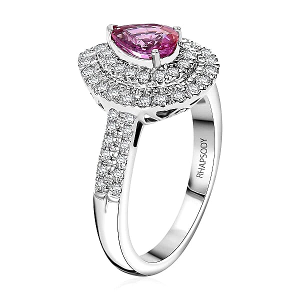Certified & Appraised Rhapsody AAAA Padparadscha Sapphire And E-F VS2 Diamond 1.50 Ctw Double Halo Ring In 950 Platinum 7.11 Grams