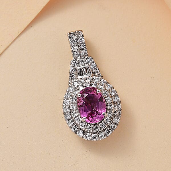 Certified & Appraised Rhapsody AAAA Padparadscha Sapphire And E-F VS2 Diamond 2.02 Ctw Pendant Without Chain In 950 Platinum