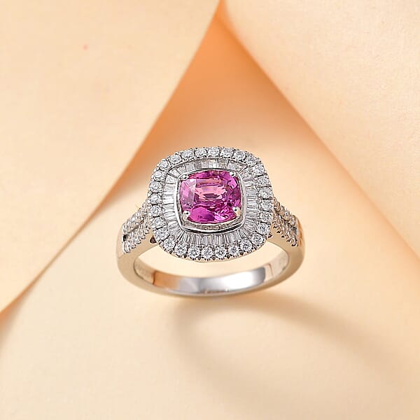 Certified & Appraised Rhapsody AAAA Padparadscha Sapphire And E-F VS2 Diamond 2.40 Ctw Double Halo Ring In 950 Platinum 7.45 Grams
