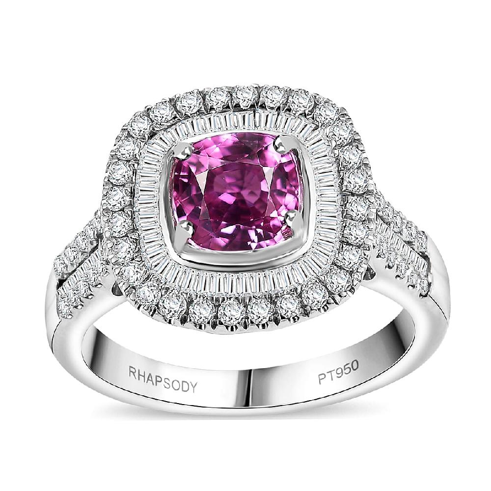 Certified & Appraised Rhapsody AAAA Padparadscha Sapphire and E-F VS2 Diamond 2.40 ctw Double Halo Ring in 950 Platinum 7.45 Grams