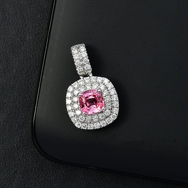 Certified & Appraised Rhapsody AAAA Padparadscha Sapphire And E-F VS2 Diamond 1.25 Ctw Double Halo Pendant Without Chain In 950 Platinum