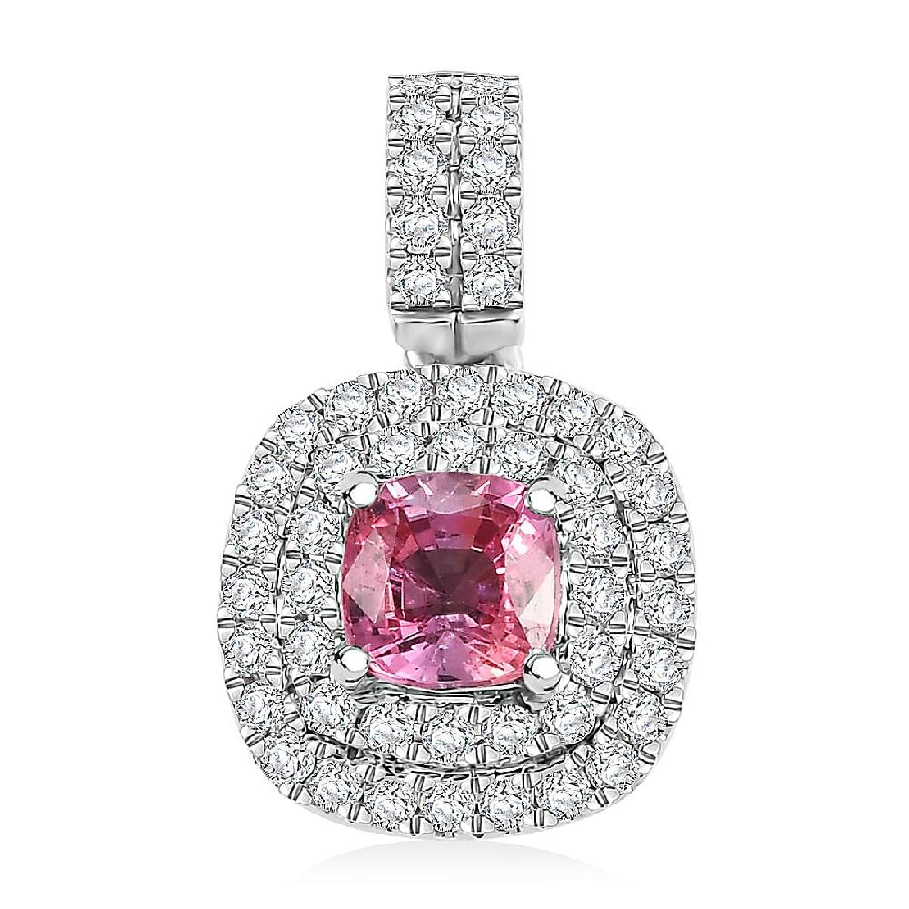 Certified & Appraised Rhapsody AAAA Padparadscha Sapphire and E-F VS2 Diamond 1.25 ctw Double Halo Pendant without Chain in 950 Platinum