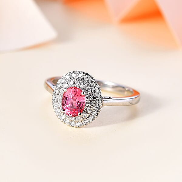 Certified & Appraised Rhapsody AAAA Padparadscha Sapphire And E-F VS Diamond 1.35 Ctw Double Halo Ring In 950 Platinum 5.60 Grams