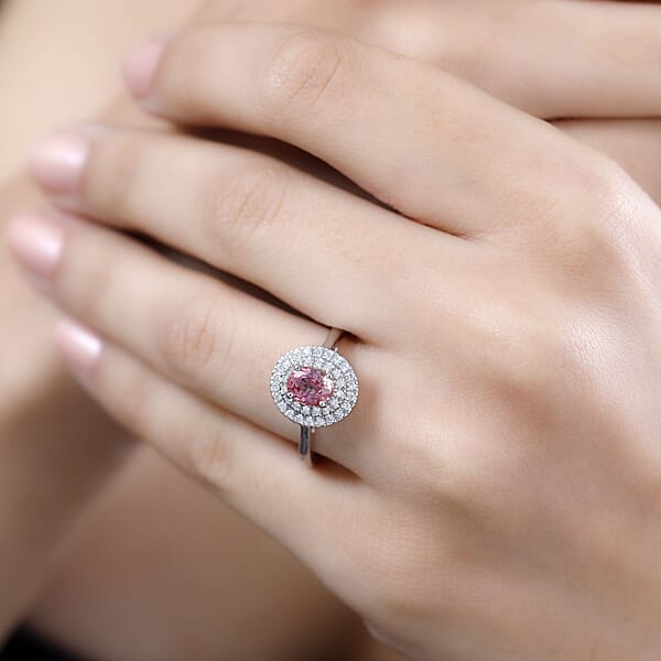 Certified & Appraised Rhapsody AAAA Padparadscha Sapphire And E-F VS Diamond 1.35 Ctw Double Halo Ring In 950 Platinum 5.60 Grams